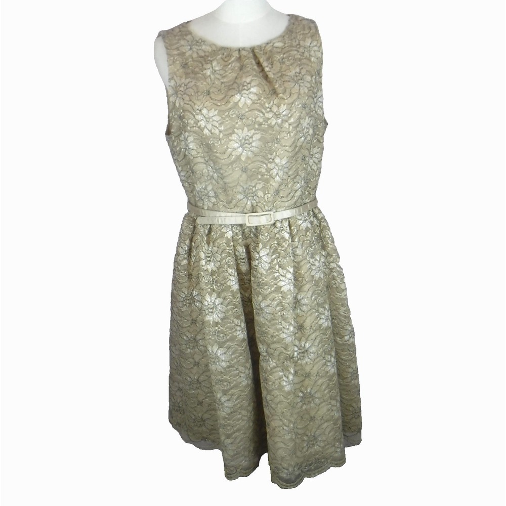 JESSICA‎ HOWARD Size 14 Sleeveless Floral Lace Overlay Dress Belted  Sparkle